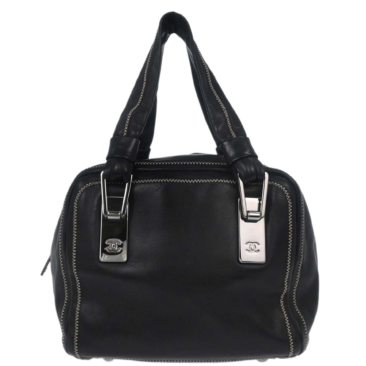 Chanel Cc Bowler Leather Black Leather Handbag (Authentic  )