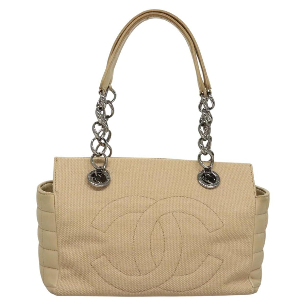 Chanel Vintage Chocolate Bar Tote Quilted Canvas Beige Canvas Handbag (Authentic  )