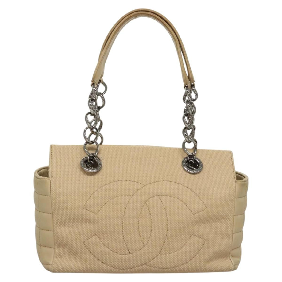 Chanel Vintage Chocolate Bar Tote Quilted Canvas Beige Canvas Handbag (Authentic  )