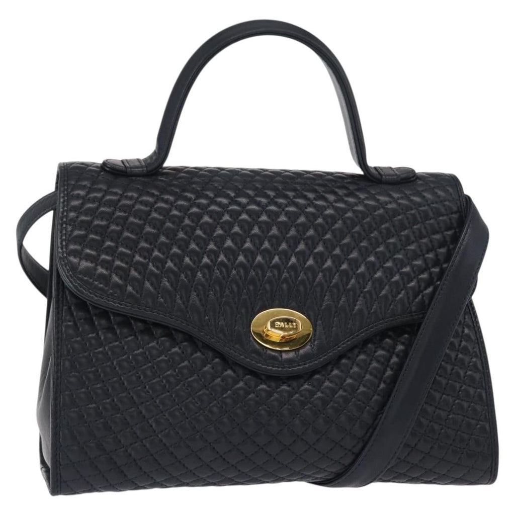 Bally Vintage Handbag Quilted Leather Navy Leather Handbag (Authentic  )