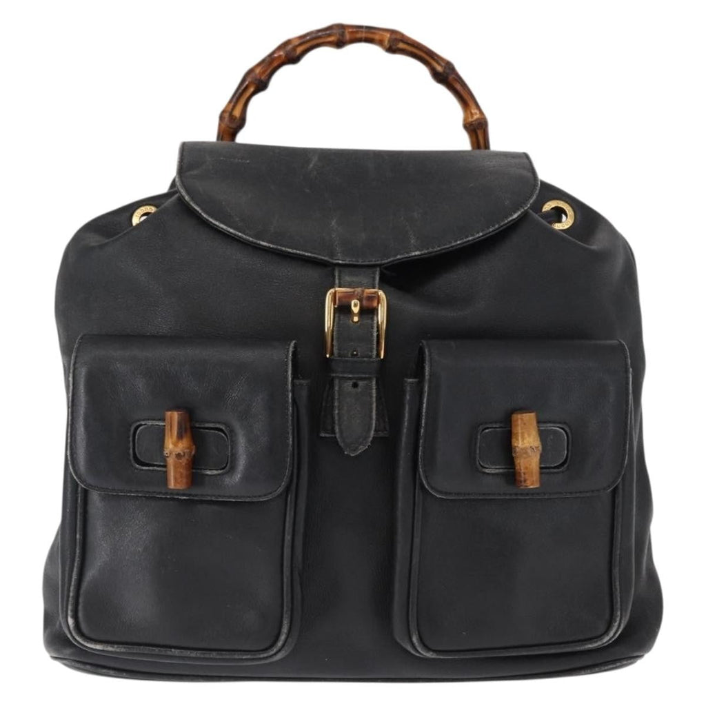 Gucci Vintage Bamboo Backpack Leather Black Leather Backpack Bag (Authentic  )