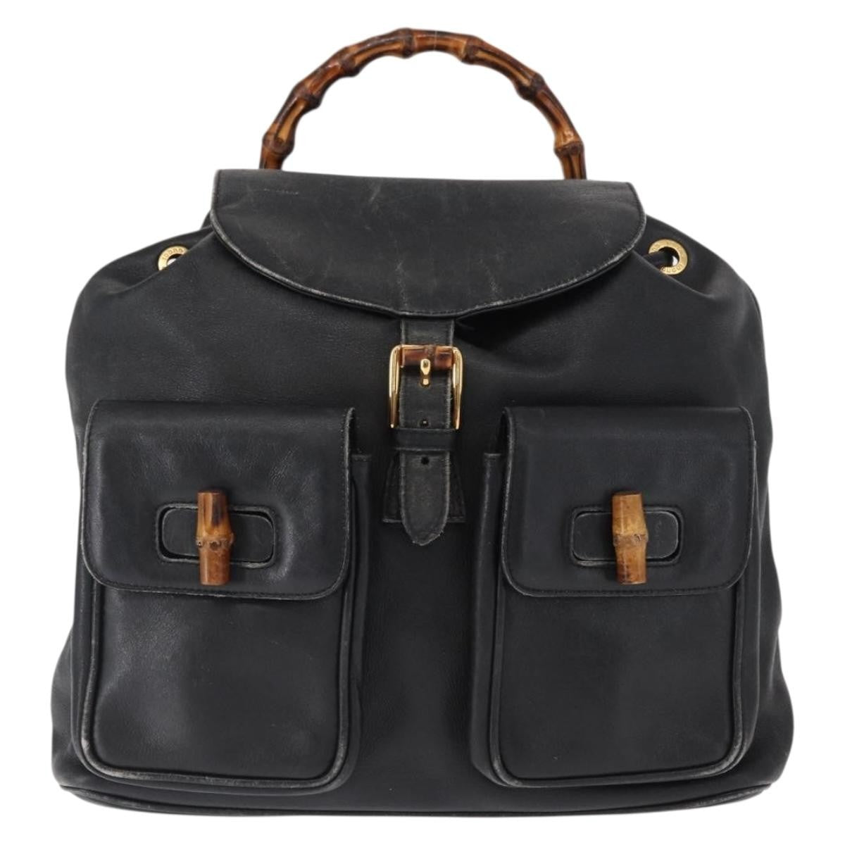Gucci Vintage Bamboo Backpack Leather Black Leather Backpack Bag (Authentic  )