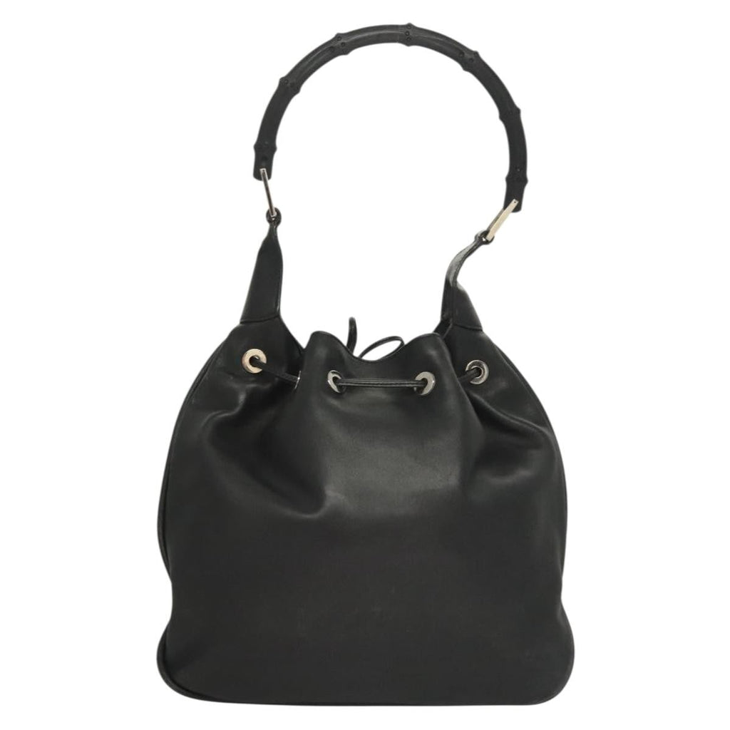 Gucci Vintage Bamboo Shoulder Bag Leather Black Leather Handbag (Authentic  )