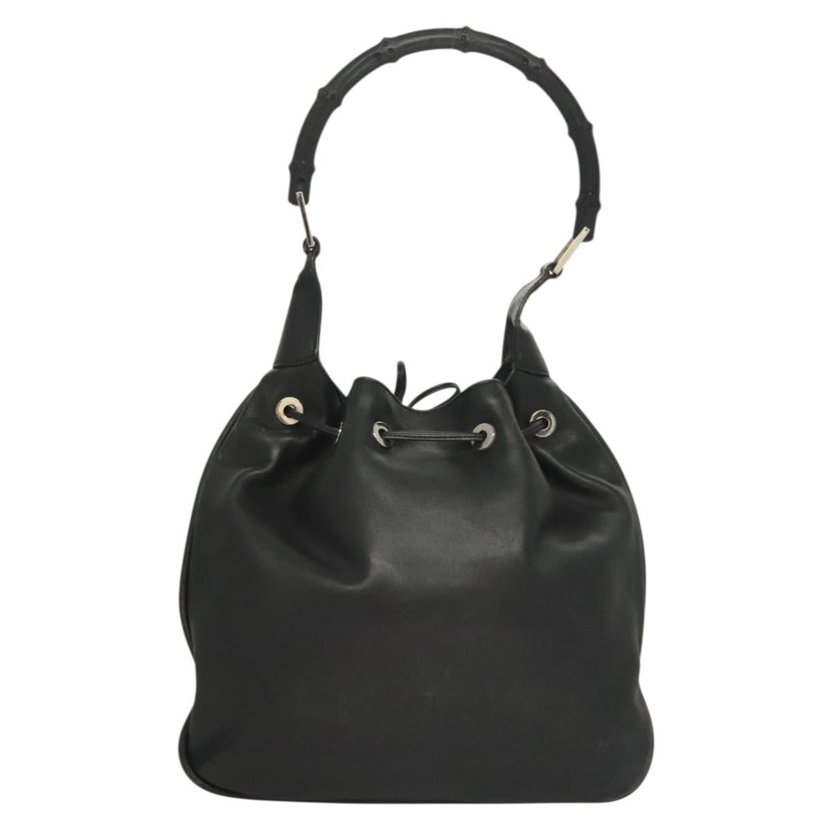 Gucci Vintage Bamboo Shoulder Bag Leather Black Leather Handbag (Authentic  )