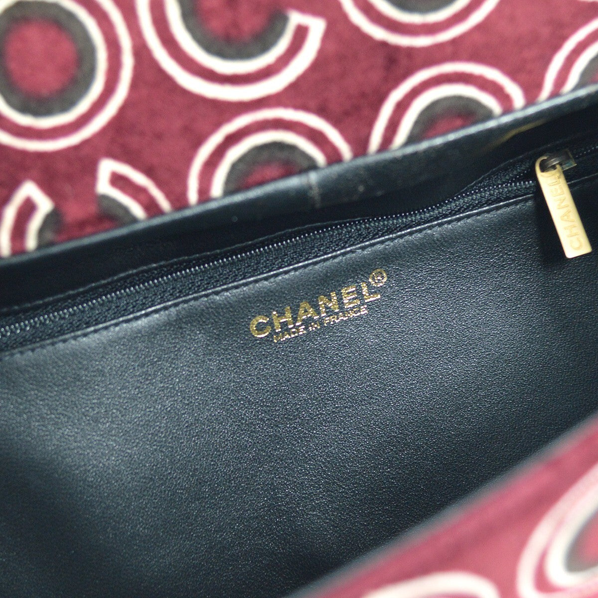Chanel Cc Top Handle Bag Coco Print Velvet Burgundy Velvet Handbag (Authentic  )