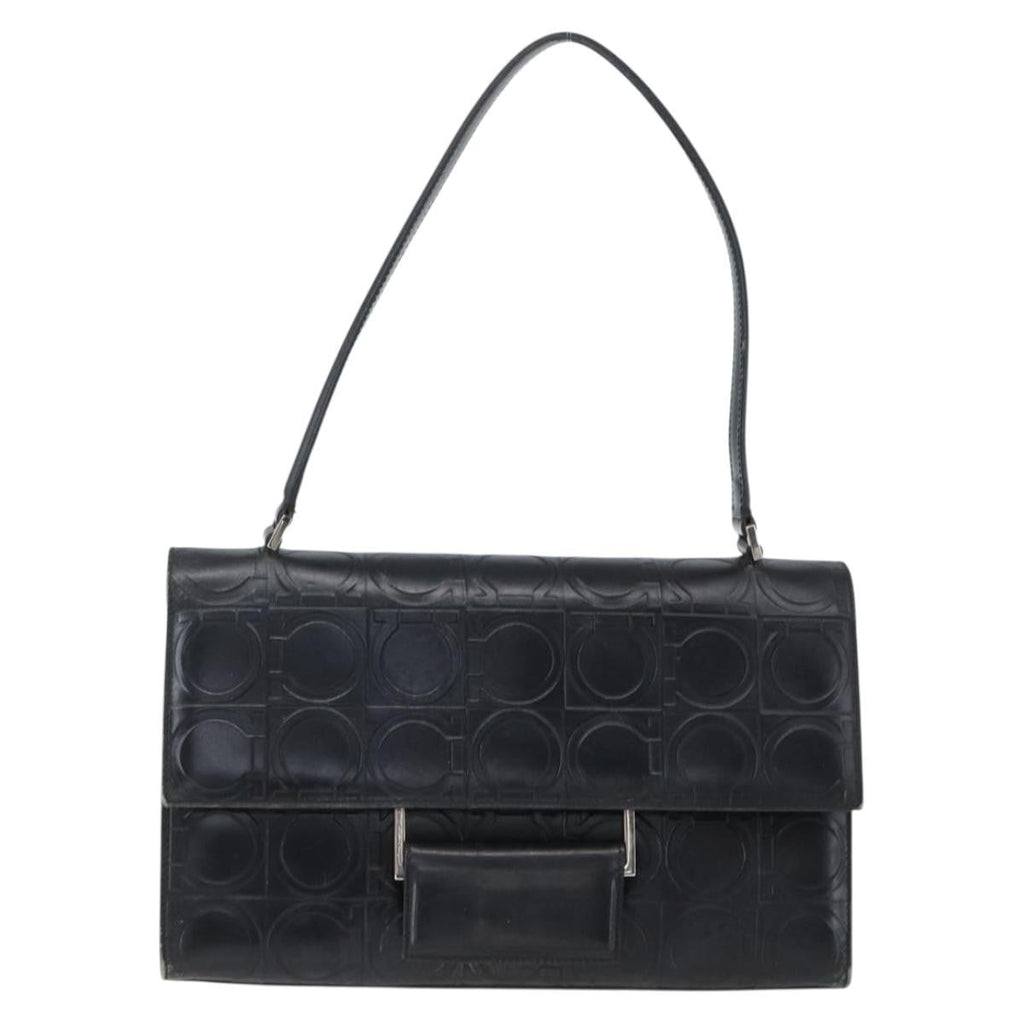 Salvatore Ferragamo Gancini Handbag Leather Black Leather Handbag (Authentic  )