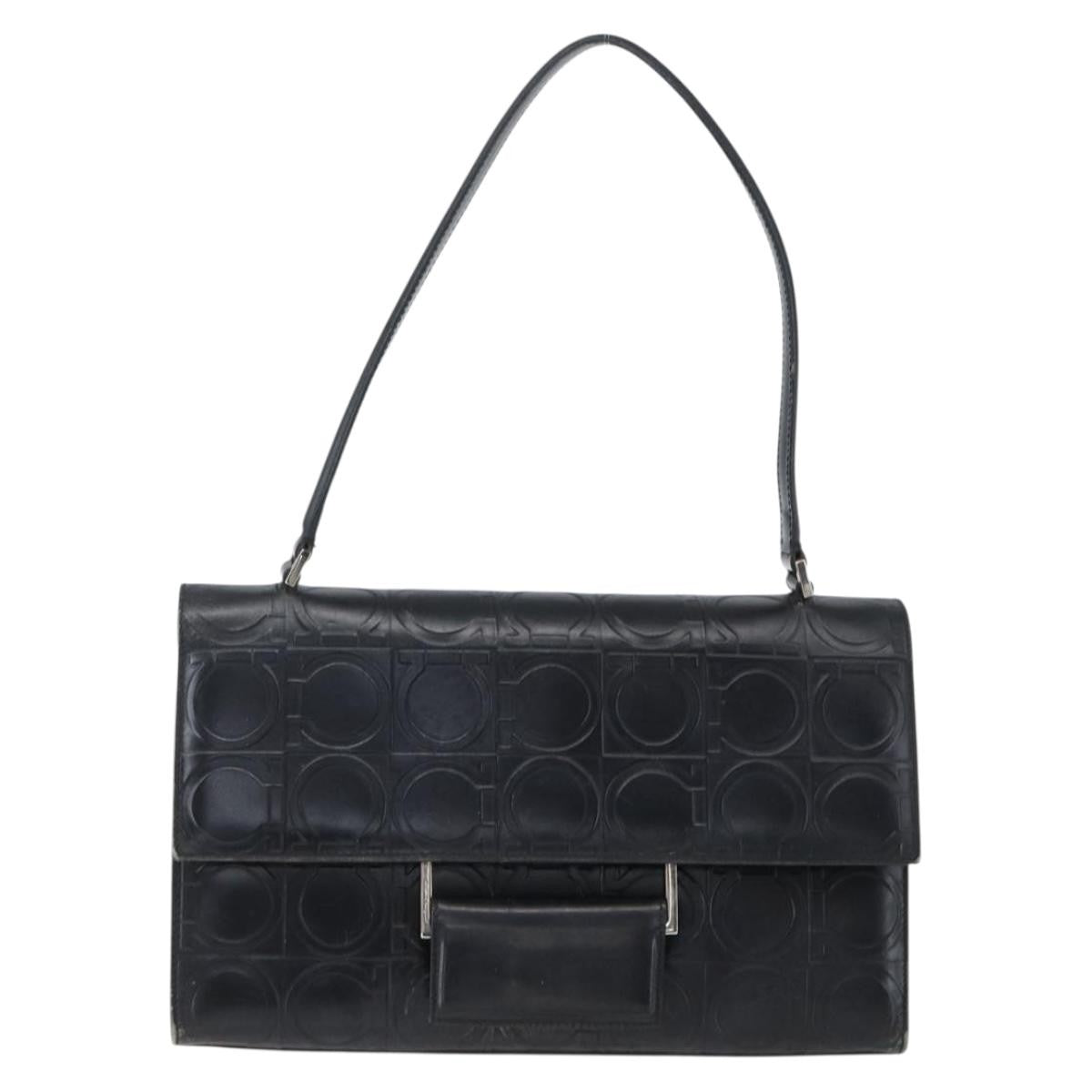 Salvatore Ferragamo Gancini Handbag Leather Black Leather Handbag (Authentic  )