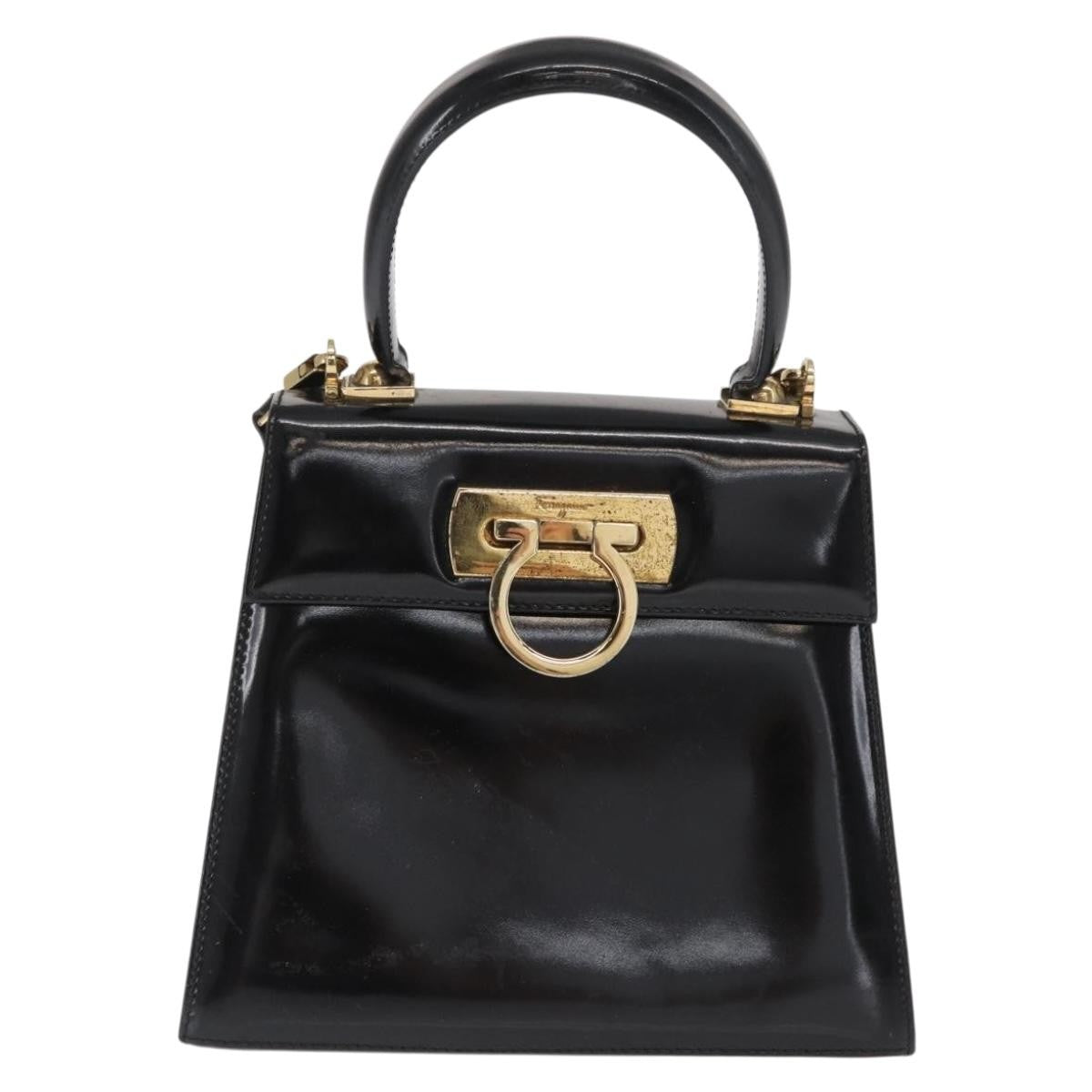 Salvatore Ferragamo Gancini Convertible Top Handle Bag Patent Leather Black Patent_Leather Handbag (Authentic  )