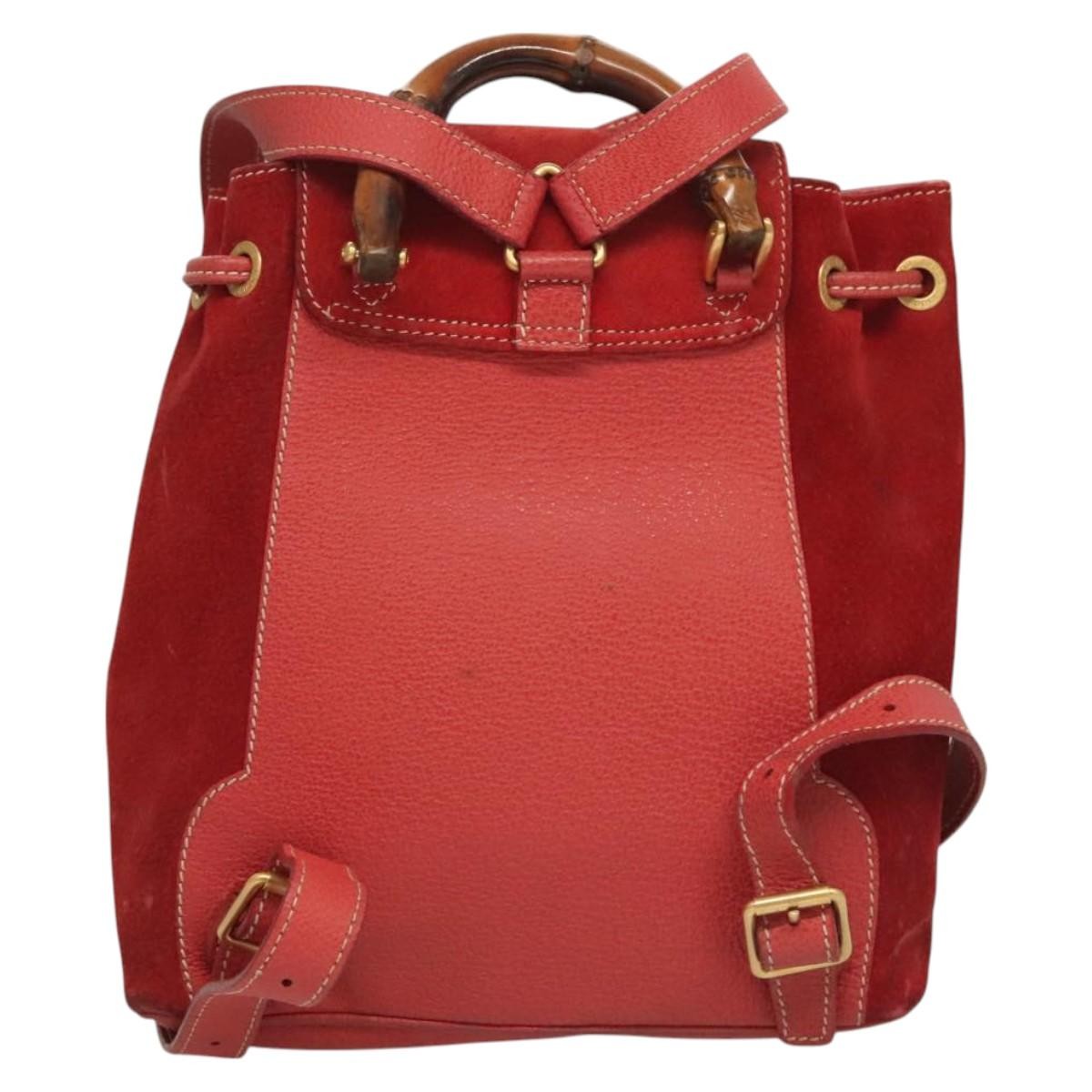 Gucci Vintage Bamboo Backpack Suede Red Suede Backpack Bag (Authentic  )