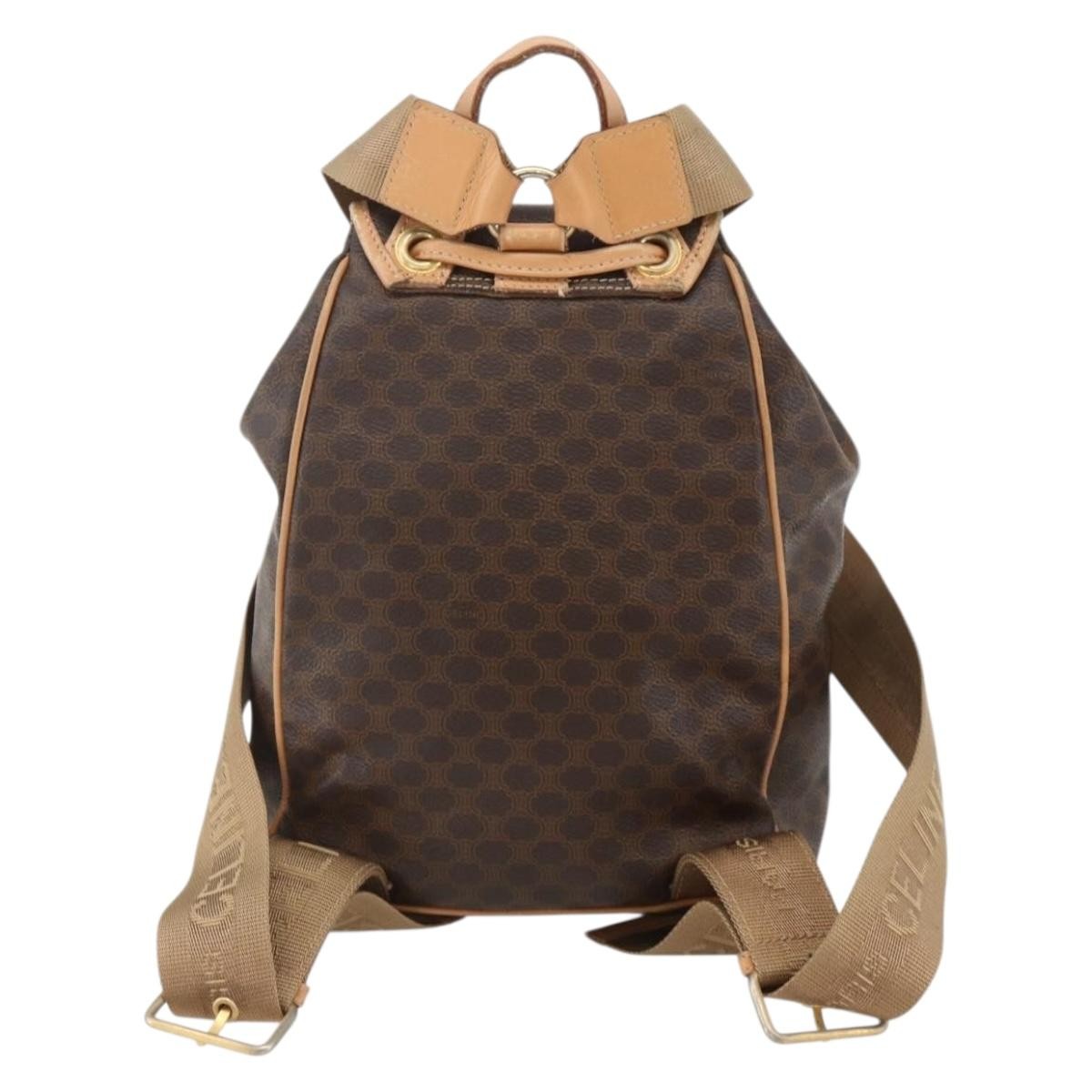 Celine Vintage Drawstring Flap Backpack Macadam Coated Canvas Brown Canvas Backpack Bag ( )