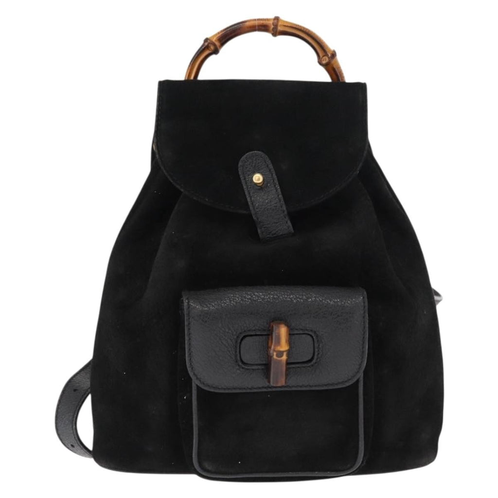 Gucci Vintage Bamboo Backpack Suede Black Suede Backpack Bag (Authentic  )