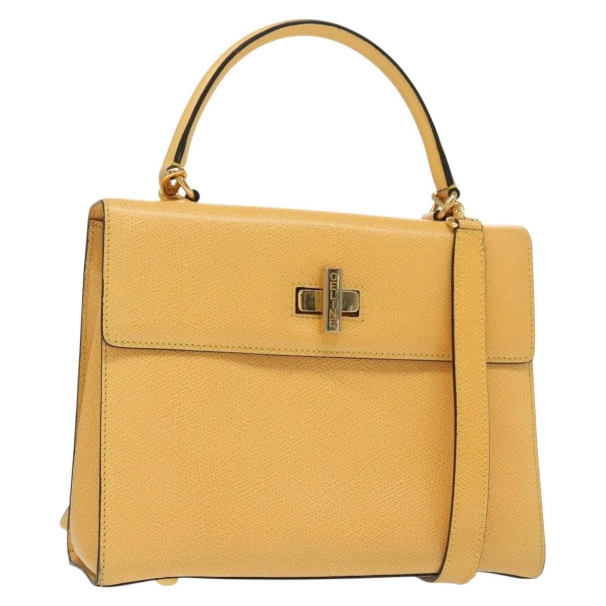 Celine Vintage Convertible Turnlock Top Handle Bag Leather Yellow Leather Bag (Authentic  )