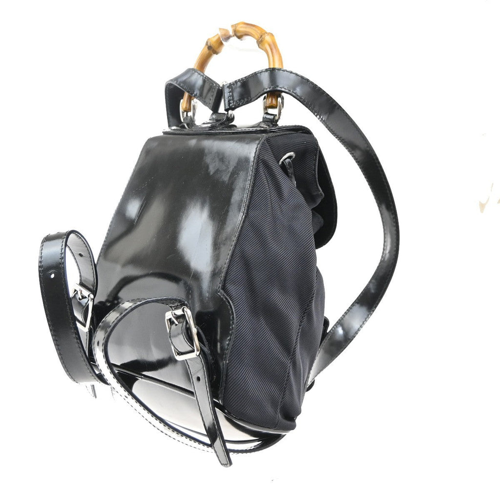 Gucci Vintage Bamboo Backpack Nylon And Patent Leather Black Nylon Backpack Bag (Authentic  )