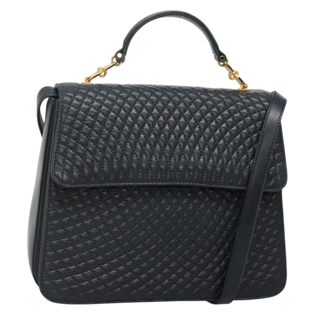 Bally Vintage Handbag Quilted Leather Navy Leather Handbag (Authentic  )