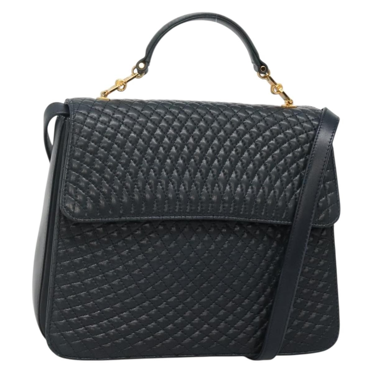 Bally Vintage Handbag Quilted Leather Navy Leather Handbag (Authentic  )