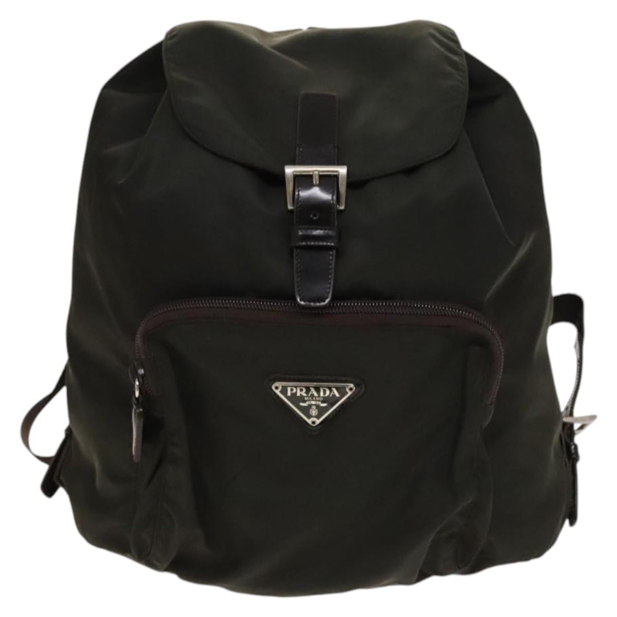 Prada Front Pocket Buckle Backpack Nylon Khaki Nylon Backpack Bag (Authentic  )