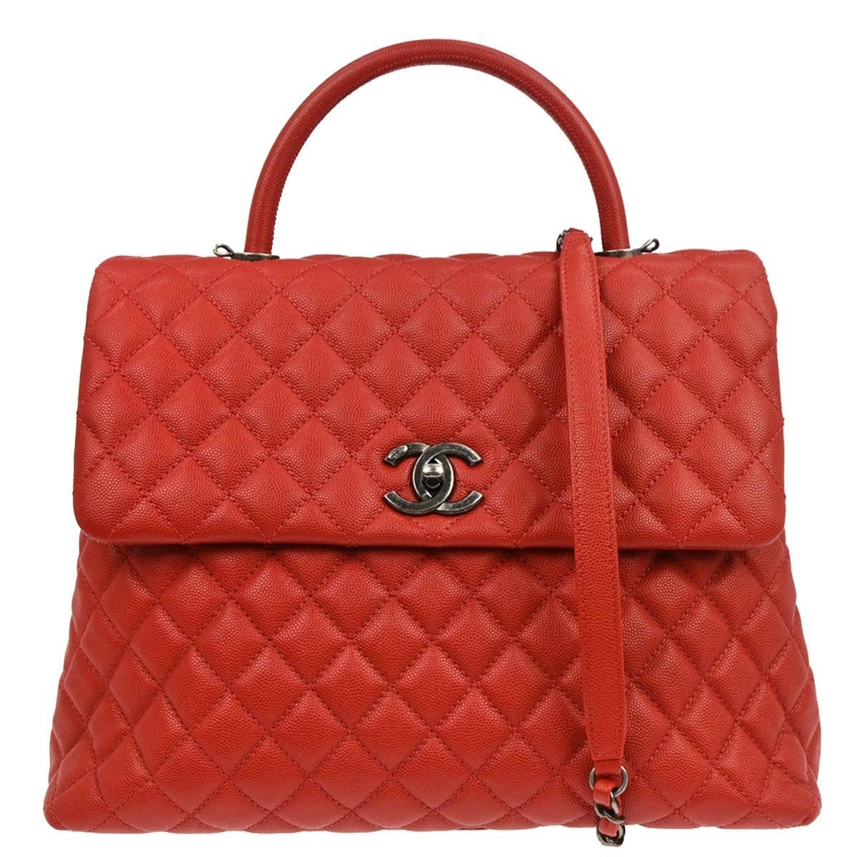 Chanel Coco Top Handle Bag Quilted Caviar Red Leather Handbag (Authentic  )