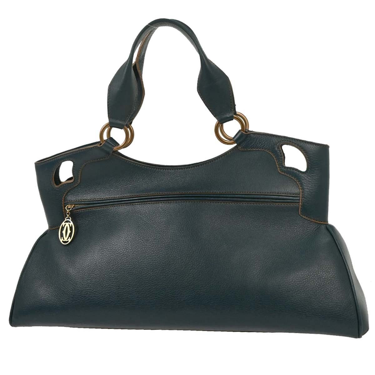 Cartier Marcello Handbag Leather Green Leather Handbag (Authentic  )