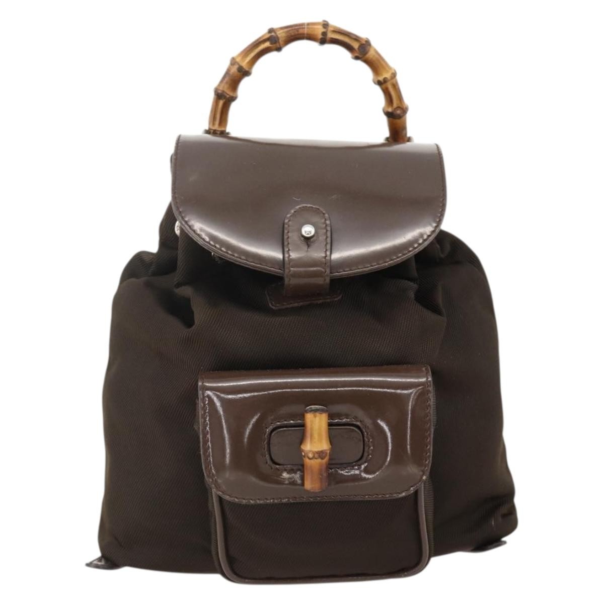 Gucci Vintage Bamboo Backpack Nylon And Patent Leather Brown Nylon Backpack Bag ( )