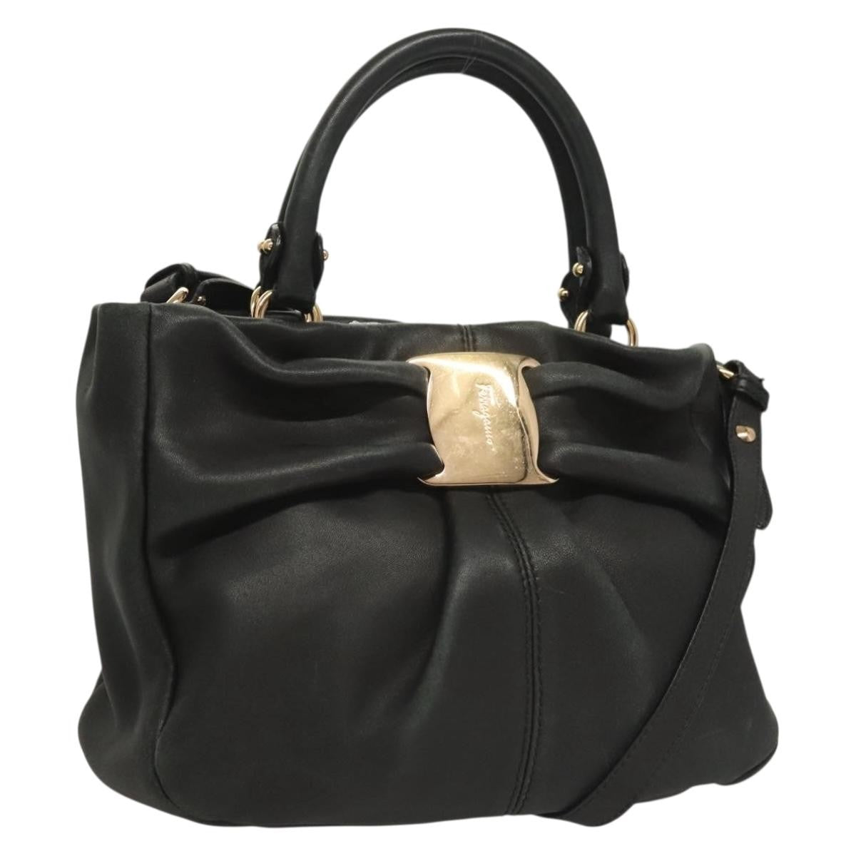 Salvatore Ferragamo Vala Handbag Leather Black Leather Handbag (Authentic  )
