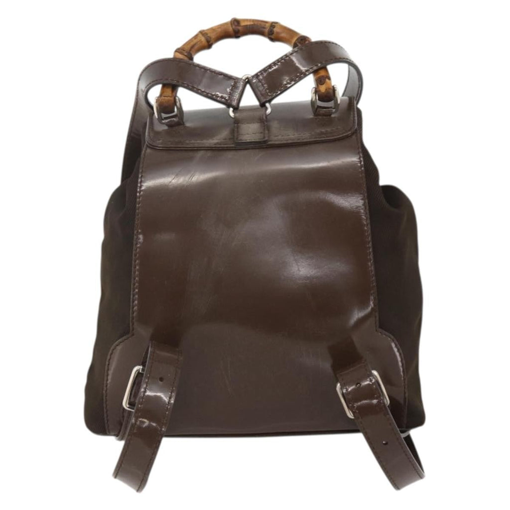 Gucci Vintage Bamboo Backpack Nylon And Patent Leather Brown Nylon Backpack Bag ( )