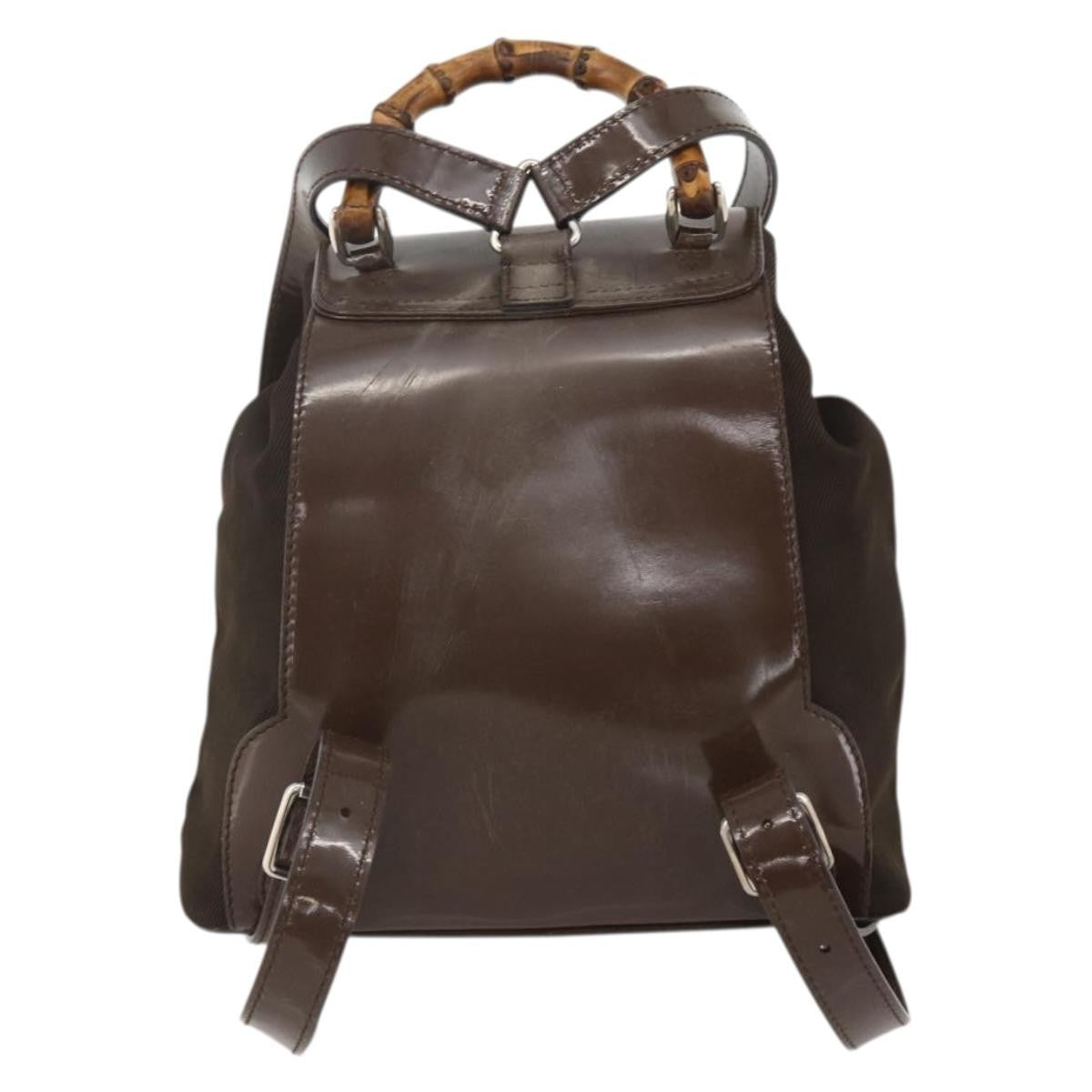 Gucci Vintage Bamboo Backpack Nylon And Patent Leather Brown Nylon Backpack Bag ( )