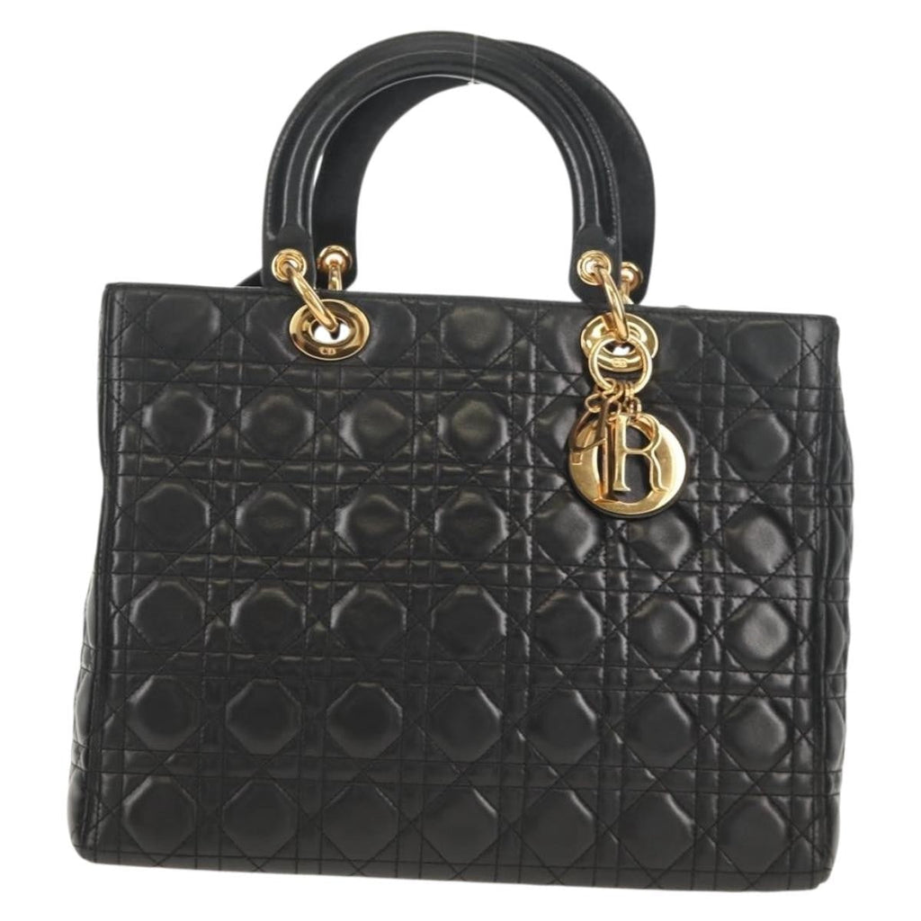 Christian Dior Lady Dior Bag Leather Black Leather Handbag ( )