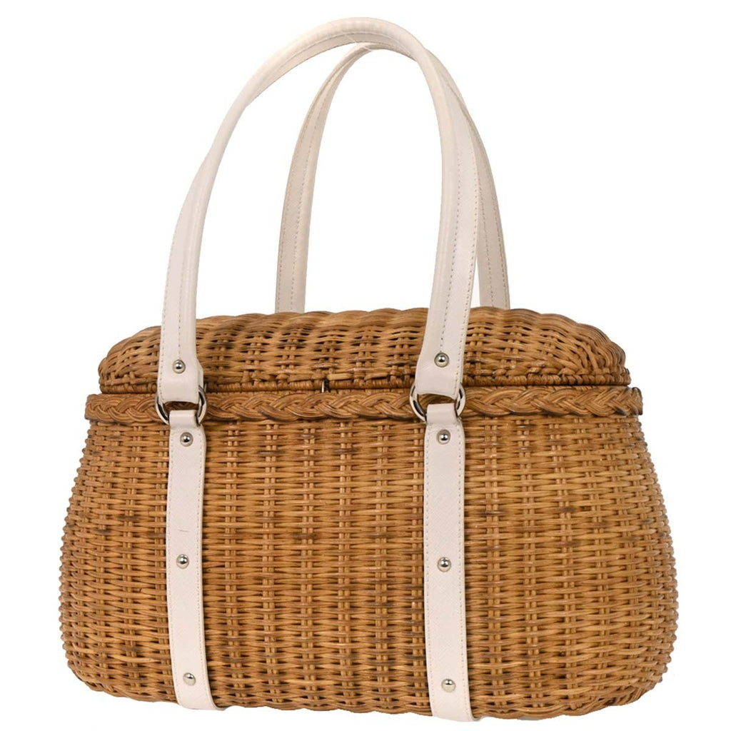 Salvatore Ferragamo Basket Gancini Handbag Leather And Wicker White Leather Handbag (Authentic  )