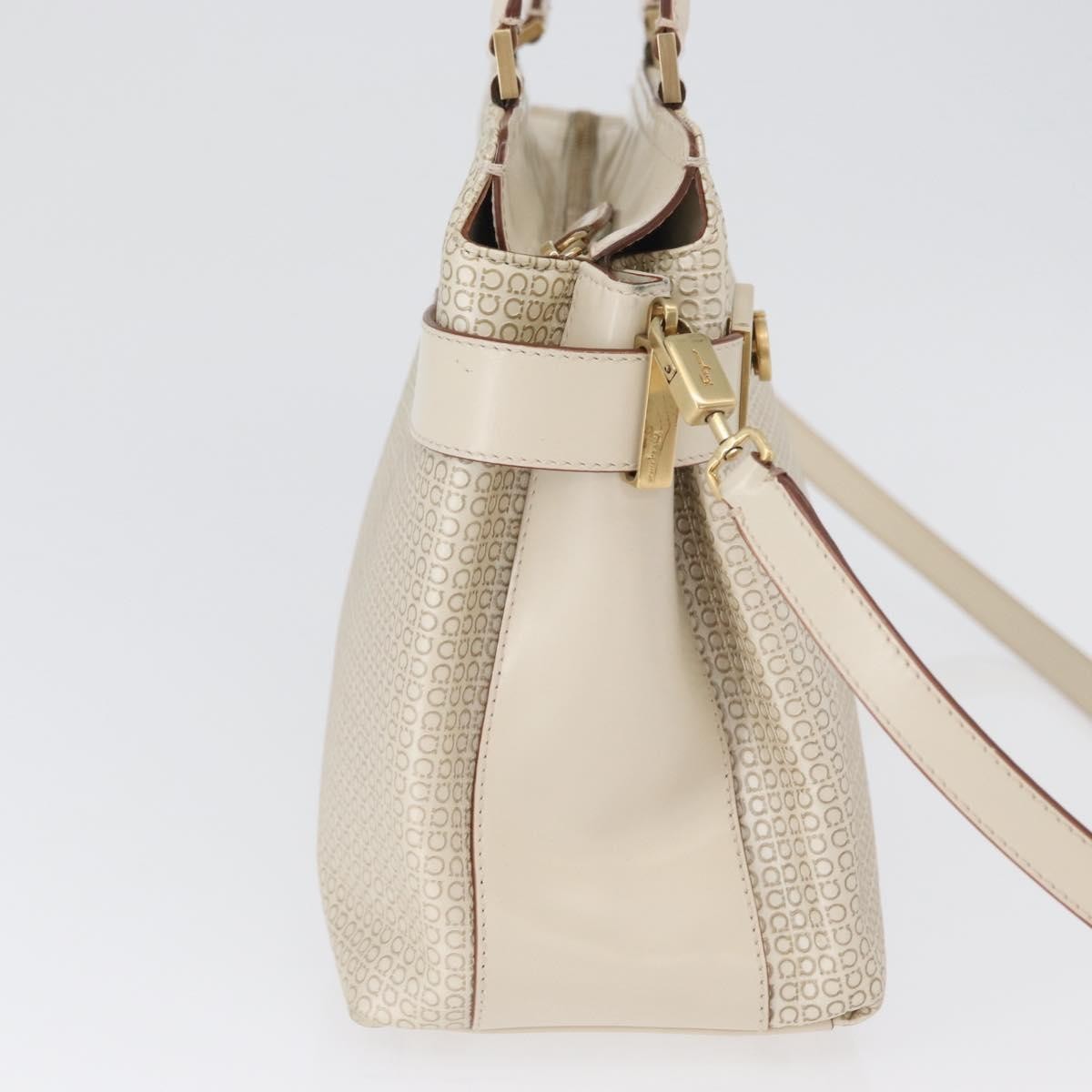Salvatore Ferragamo Double Gancini Side Buckle Tote Leather Beige Leather Handbag (Authentic  )