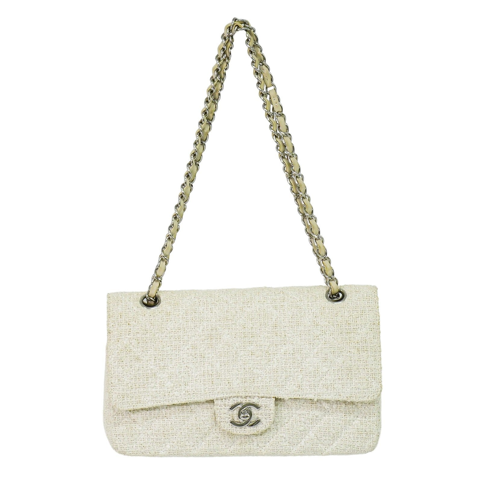 Chanel Timeless - Classic Double Flap Bag Quilted Tweed White Tweed Handbag ( )