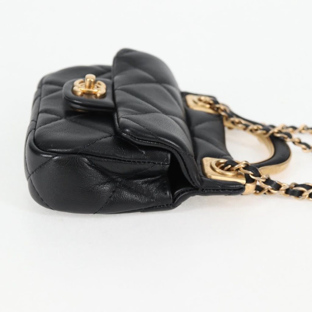 Chanel Lady Handle Flap Card Holder On Chain Quilted Calfskin Black Leather Bag (Authentic  )