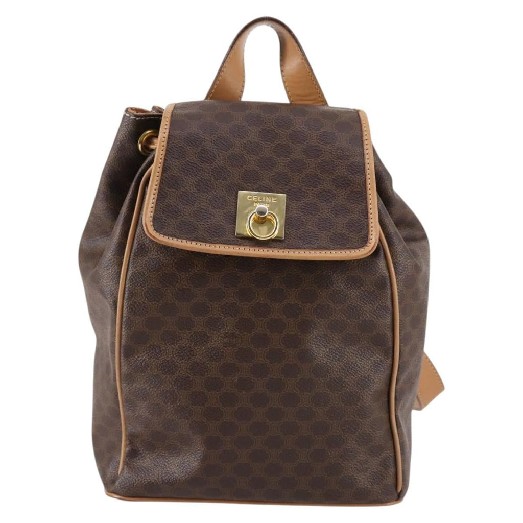 Celine Vintage Drawstring Flap Backpack Macadam Coated Canvas Brown Canvas Backpack Bag (Authentic  )