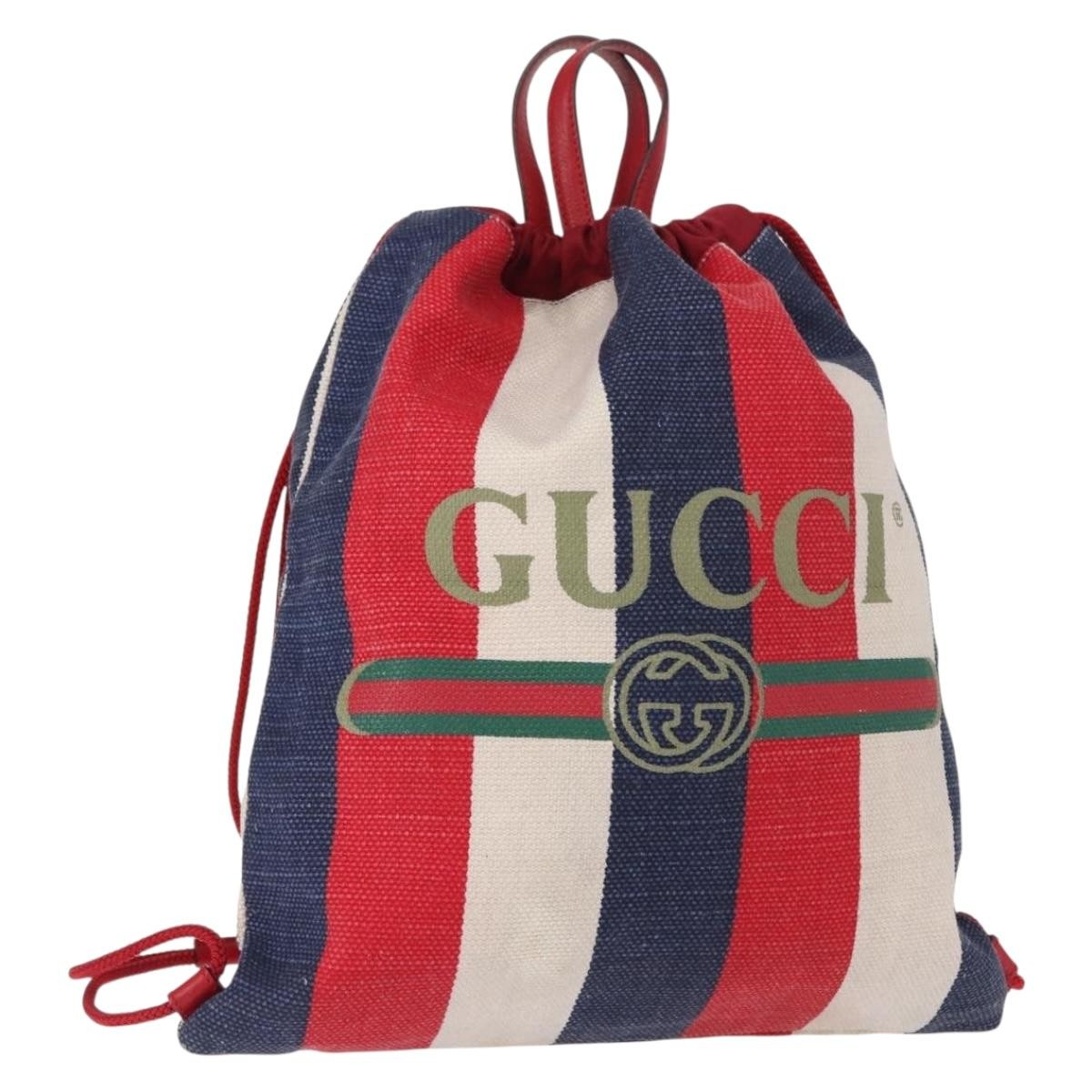 Gucci Logo Drawstring Backpack Striped Canvas Blue Canvas Backpack Bag (Authentic  )