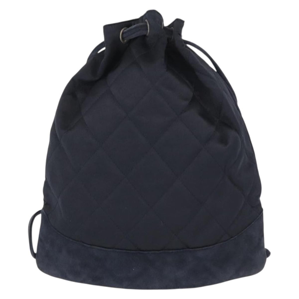 Chanel Vintage Drawstring Backpack Quilted Satin With Suede Navy Satin Backpack Bag (Authentic  )
