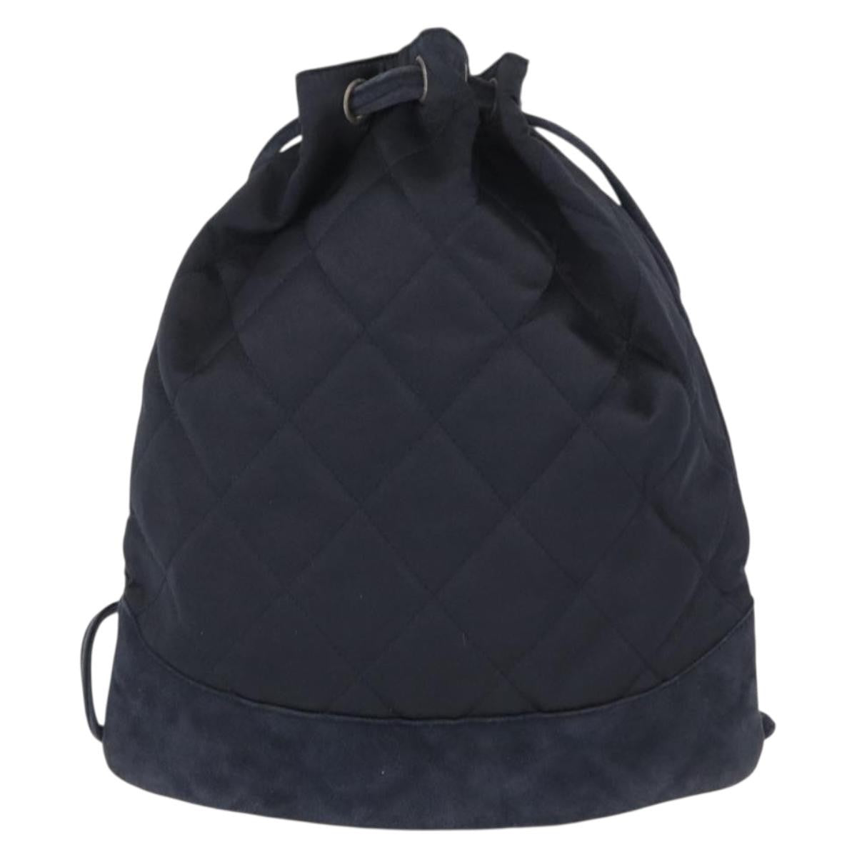 Chanel Vintage Drawstring Backpack Quilted Satin With Suede Navy Satin Backpack Bag (Authentic  )