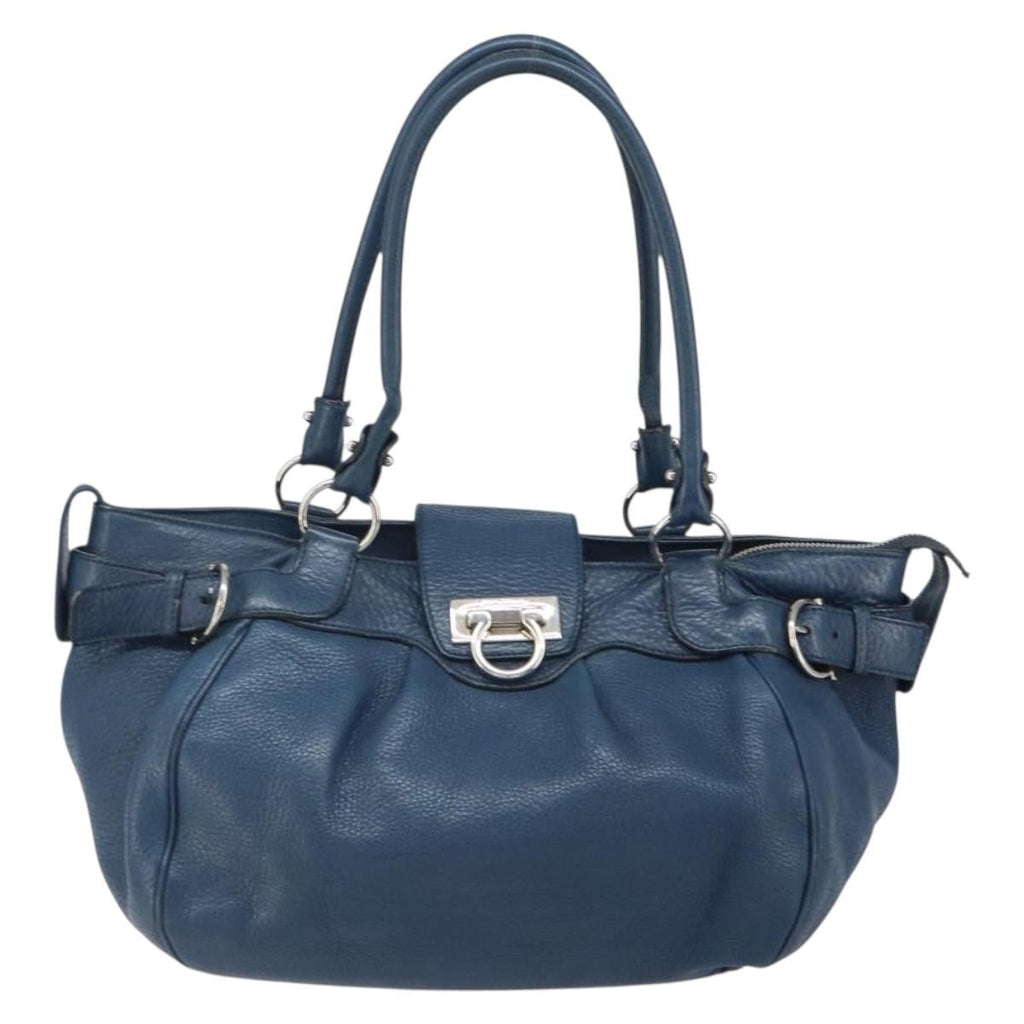 Salvatore Ferragamo Gancini Handbag Leather Blue Leather Handbag (Authentic  )