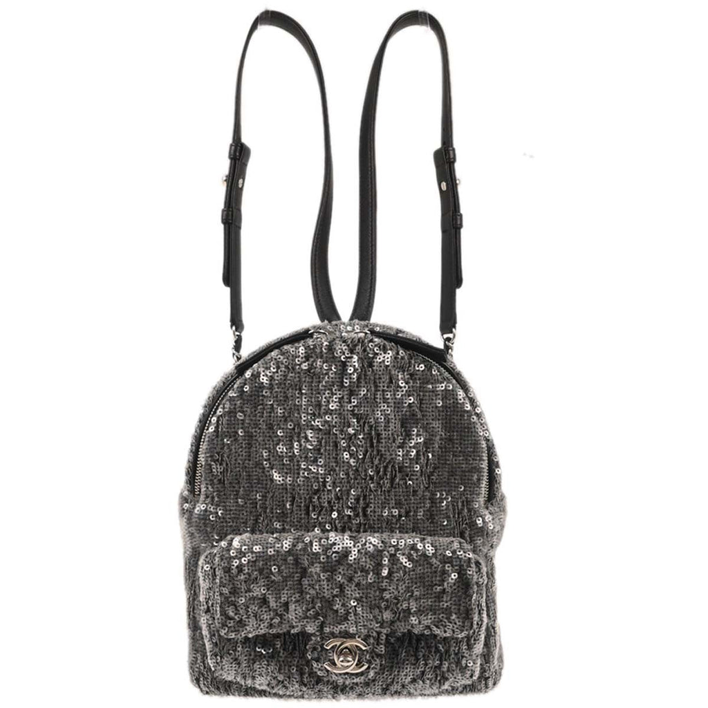 Chanel Waterfall Backpack Sequins With Leather Black Leather Backpack Bag (Authentic  )