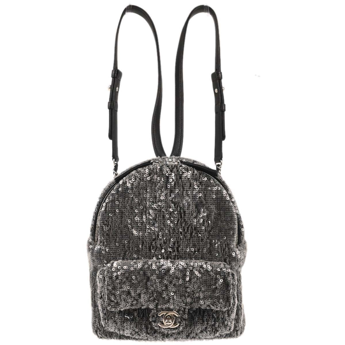 Chanel Waterfall Backpack Sequins With Leather Black Leather Backpack Bag (Authentic  )