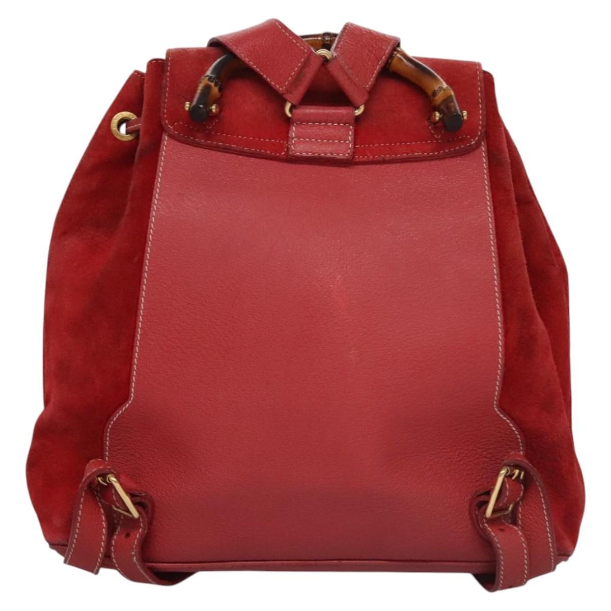 Gucci Vintage Bamboo Backpack Suede And Leather Red Suede Backpack Bag (Authentic  )
