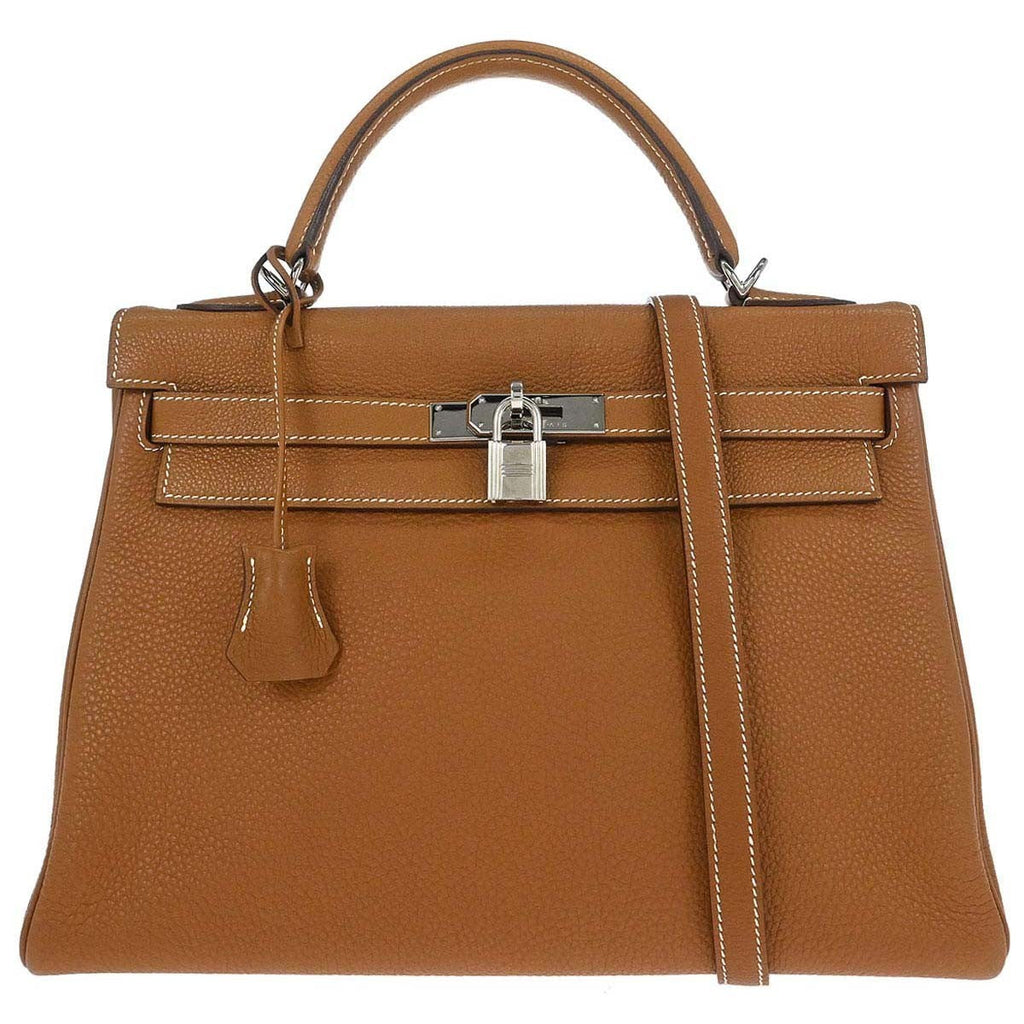 Hermes Kelly Handbag Brown Togo With Palladium Hardware Gold Leather Handbag ( )