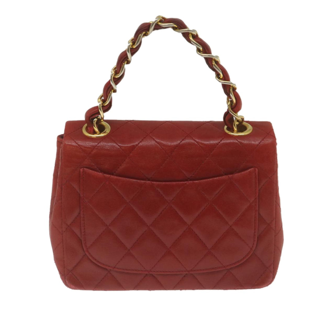 Chanel Vintage Square Chain Handle Flap Bag Quilted Lambskin Red Leather Handbag (Authentic  )