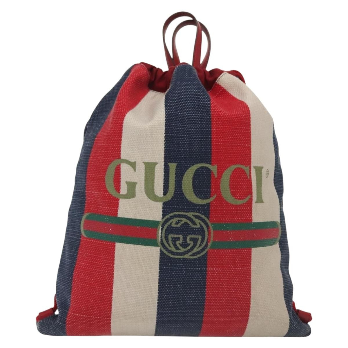 Gucci Logo Drawstring Backpack Striped Canvas Multicolour Canvas Backpack Bag (Authentic  )