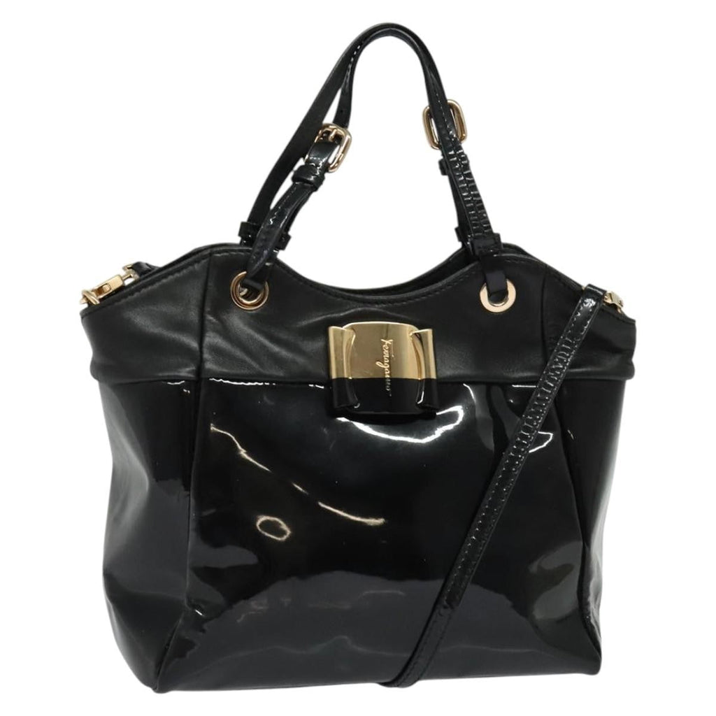 Salvatore Ferragamo Vala Handbag Patent Leather Black Patent_Leather Handbag (Authentic  )
