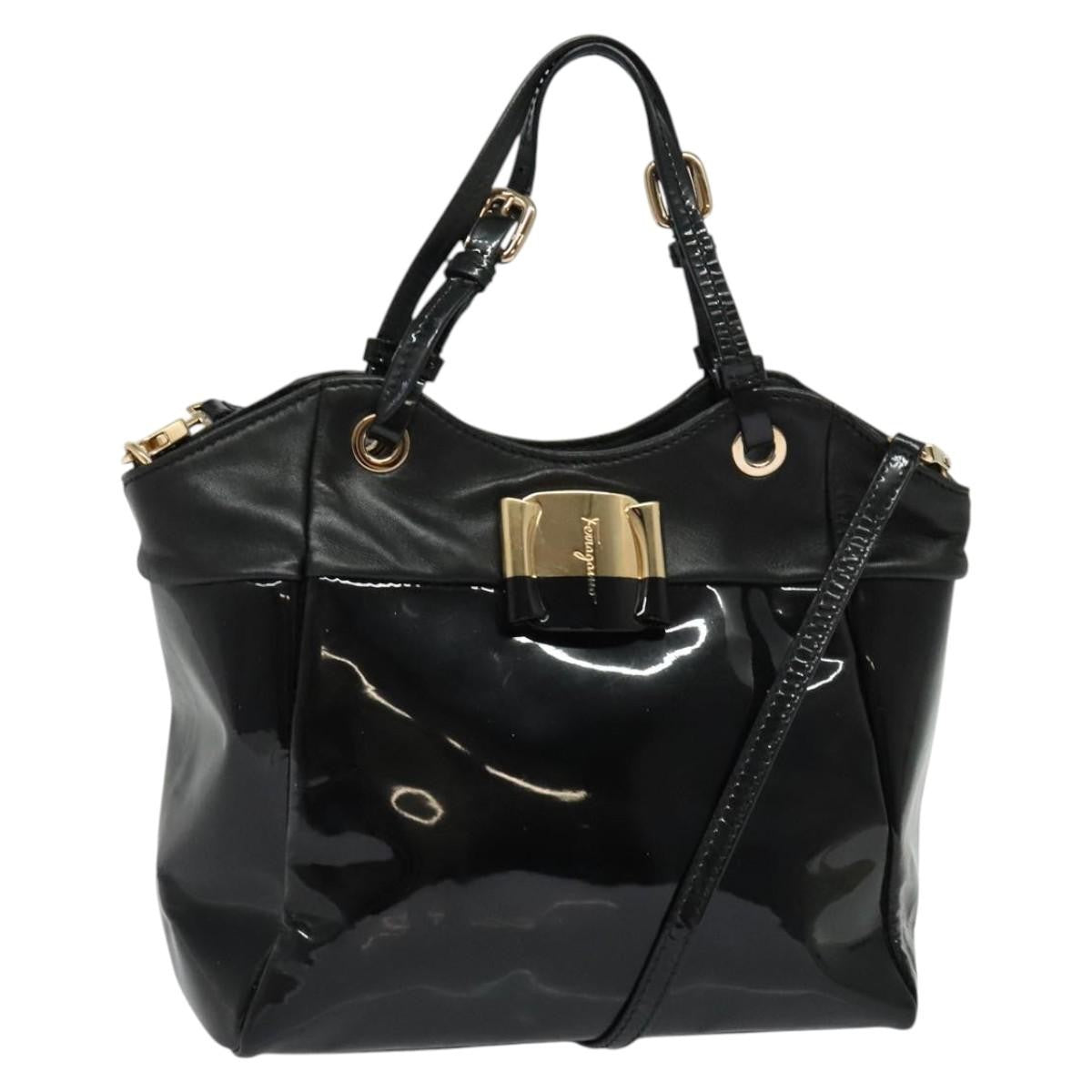 Salvatore Ferragamo Vala Handbag Patent Leather Black Patent_Leather Handbag (Authentic  )