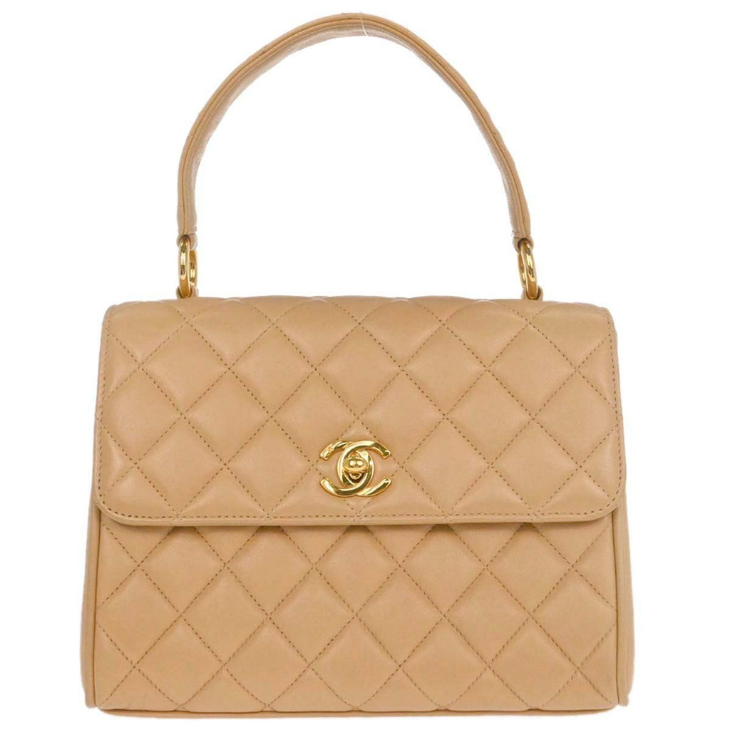 Chanel Vintage Top Handle Flap Bag Quilted Lambskin Beige Leather Handbag (Authentic  )
