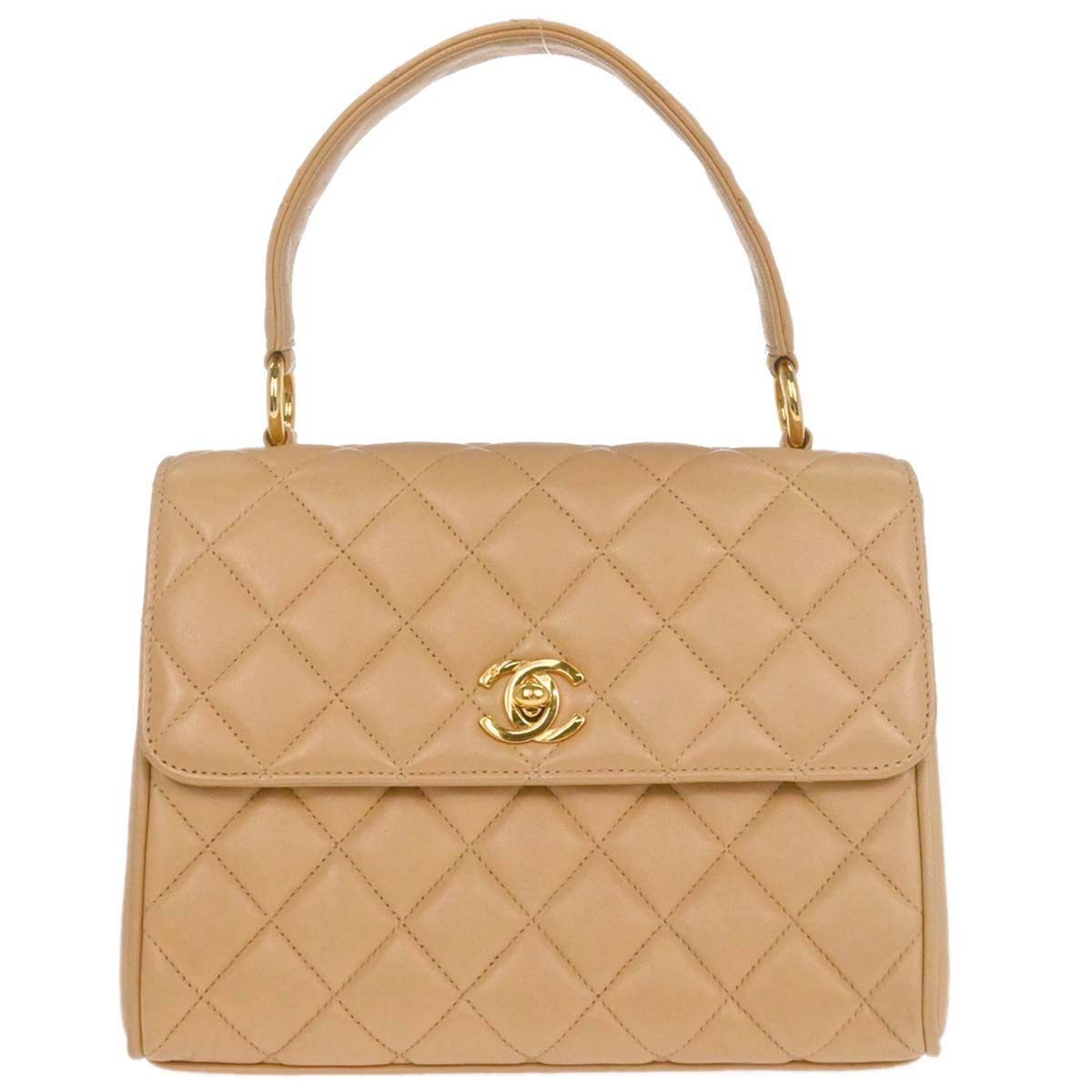 Chanel Vintage Top Handle Flap Bag Quilted Lambskin Beige Leather Handbag (Authentic  )