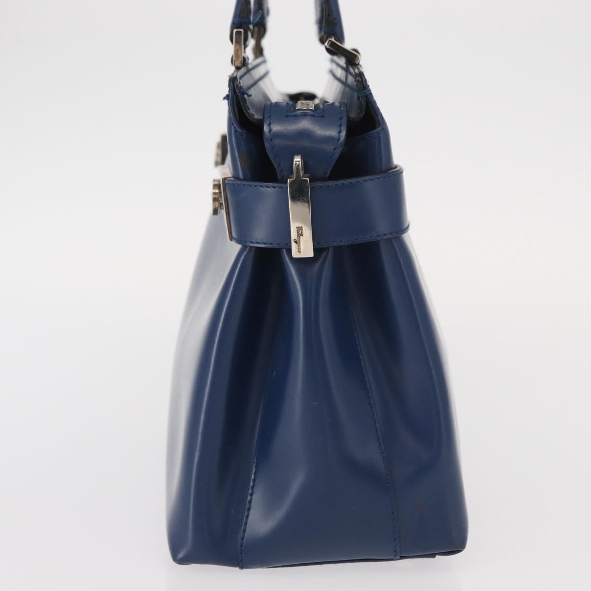 Salvatore Ferragamo Double Gancini Side Buckle Tote Leather Blue Leather Handbag (Authentic  )