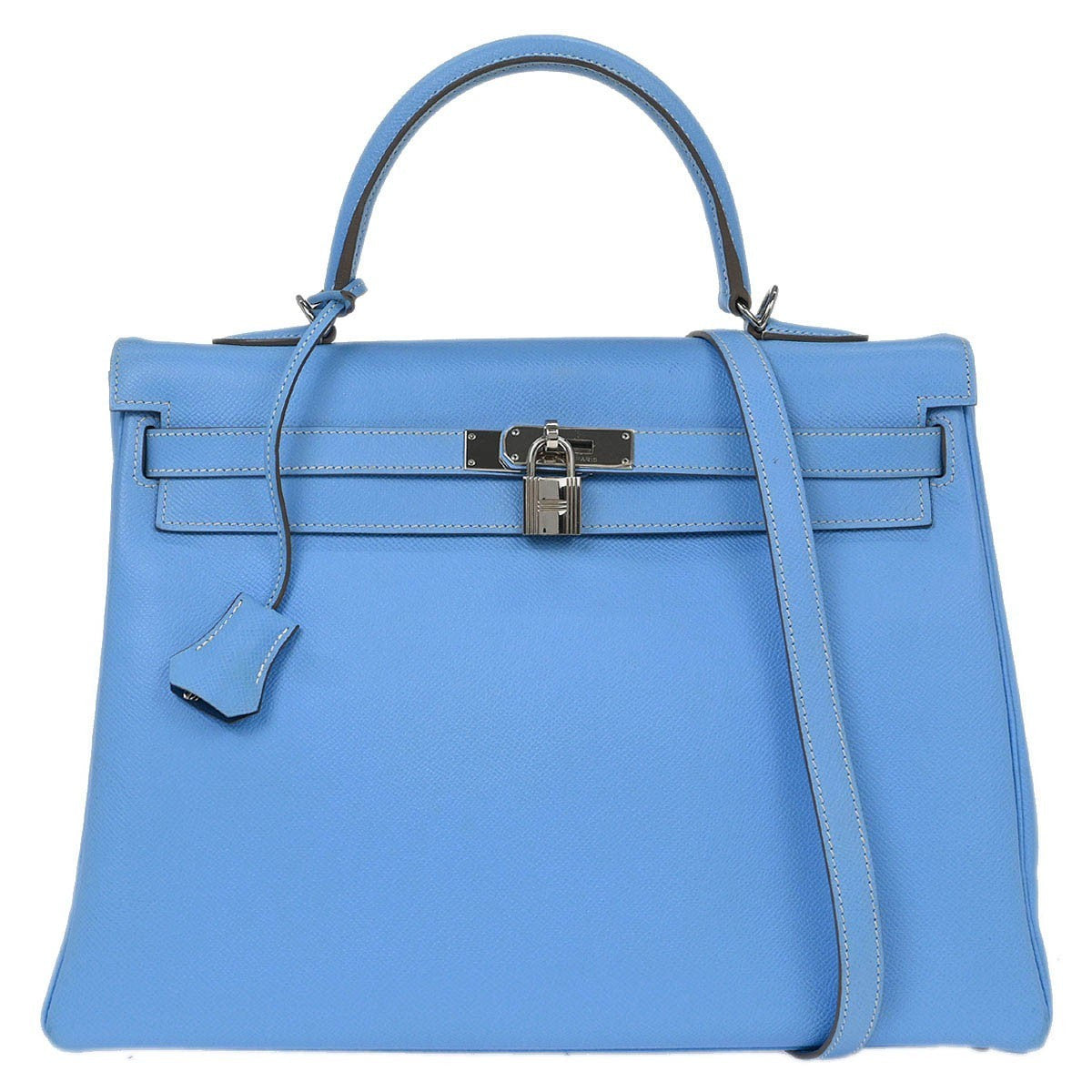 Hermes Kelly Handbag Blue Epsom With Palladium Hardware Blue Leather Handbag (Authentic  )