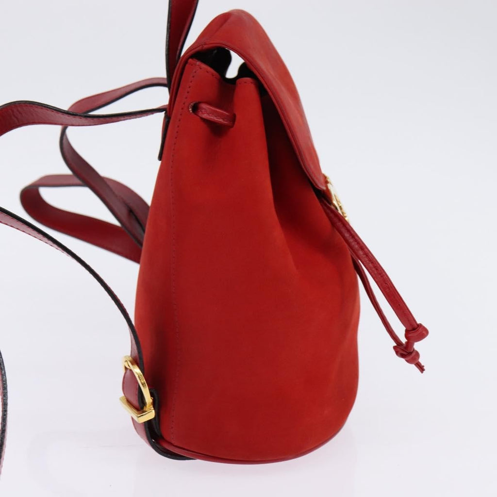 Salvatore Ferragamo Gancini Flap Drawstring Backpack Leather Red Leather Backpack Bag (Authentic  )