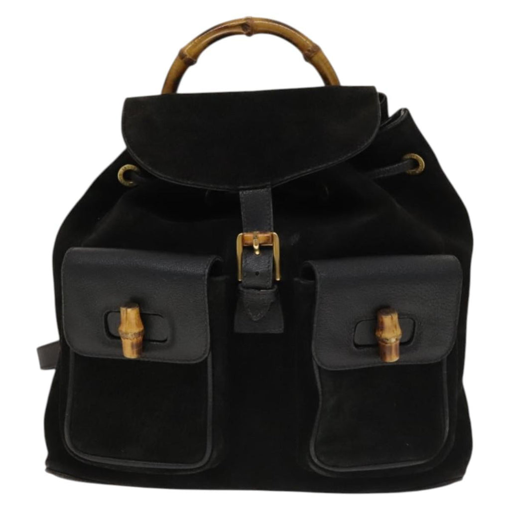 Gucci Vintage Bamboo Backpack Suede And Leather Black Suede Backpack Bag (Authentic  )
